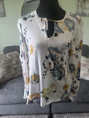 Lucky Brand White Floral Tie-Neck Blouse with Teal & Mustard Accents